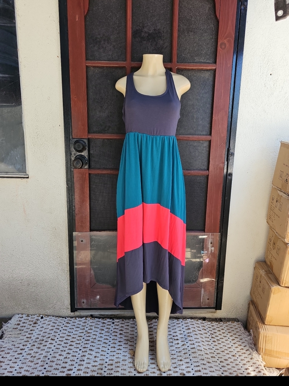 Mossimo Supply Co. Teal, Coral & Charcoal High-Low Sleeveless Dress